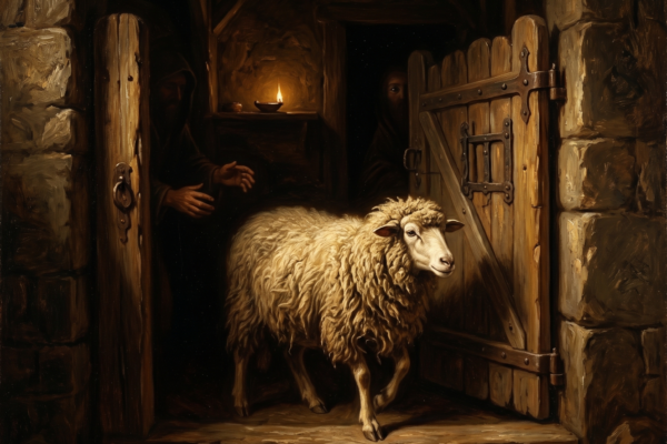 Owca wchodząca przez bramę